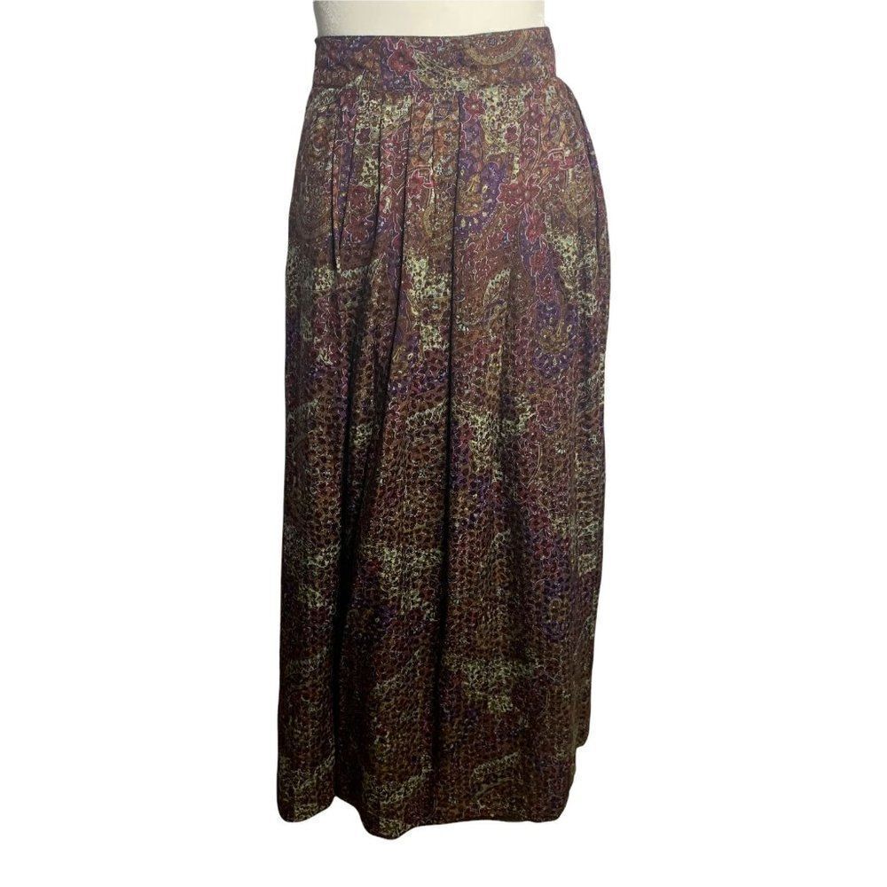 Vintage 80s Pleated Maxi Swing Skirt M Brown Floral Pockets Office Modest